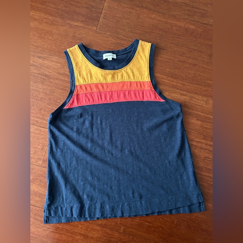 Evereve Dark Navy Tank Top with Mustard, Orange, & Red Retro Stripes